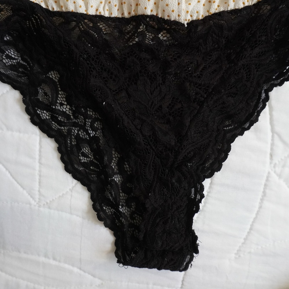 Free People Uptown Girl Flutter Bodysuit Polka Dot Tie Front Black Lace Thong S - Picture 4 of 9